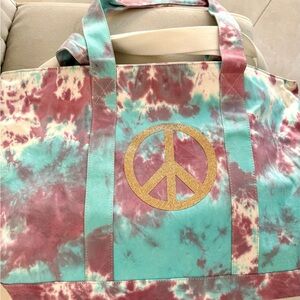 Large Tie-Dye Canvas Tote Bag with Gold Peace Sign w separate matching clutch.